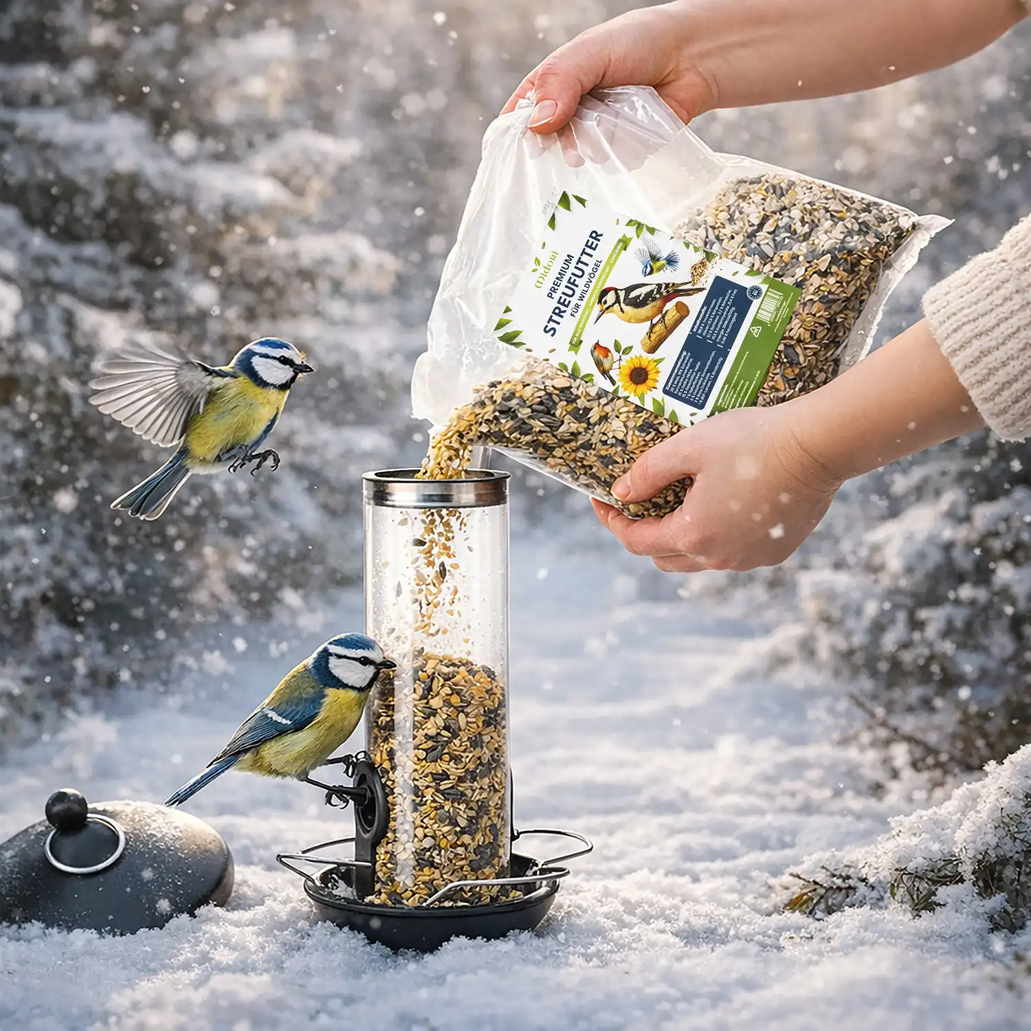 aus dem Fotostudio der PRO-ducto GmbH Professionelle Produktfotografie: Hände füllen Vogelfutter in einen Spender, während Blaumeisen im Schnee fressen. Ideal für Produktbilder erstellen lassen. Produktfotografie