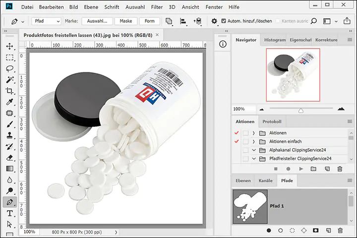 Produktfoto, freigestellt, vor weißem Hintergrund, Tabs, Tabletten, in Dose, geöffnet, ausgeschüttet Freisteller Tabletten in Dose