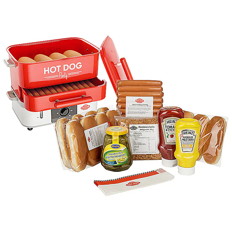 Produktfotografie in RAW-Qualität Hot Dog Steamer Party Set mit Zubehör Fotomontage Produktfotografie in RAW-Qualität Hot Dog Steamer Party Set mit Zubehör Fotomontage