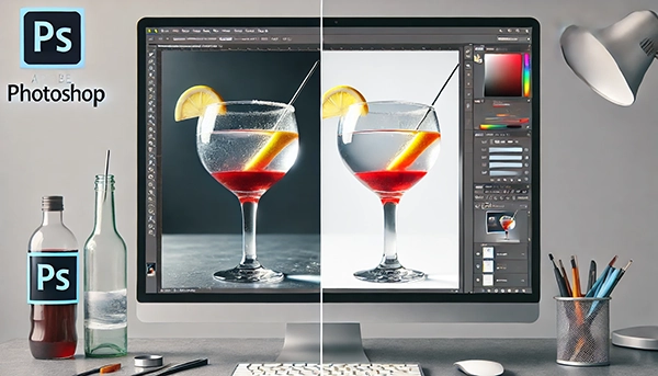 aus dem Fotostudio der PRO-ducto GmbH Professionelle Produktfotografie: Ein Monitor zeigt die Bearbeitung eines Cocktailbildes als Freisteller f&uuml;r mehr Sichtbarkeit und Umsatz. Produktfotografie