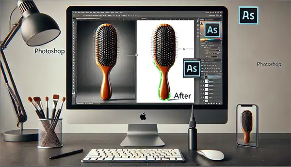 aus dem Fotostudio der PRO-ducto GmbH Professionelle Produktfotografie: Ein Monitor zeigt die Bearbeitung einer Haarb&uuml;rste f&uuml;r einen Freisteller. Produktbilder erstellen lassen f&uuml;r mehr Umsatz. Produktfotografie