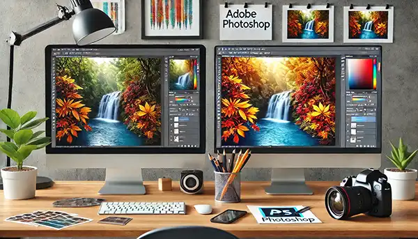 aus dem Fotostudio der PRO-ducto GmbH Zwei Monitore zeigen Adobe Photoshop bei der Bildbearbeitung. Professionelle Produktfotografie f&uuml;r mehr Sichtbarkeit und Umsatz durch Freisteller. Produktfotografie