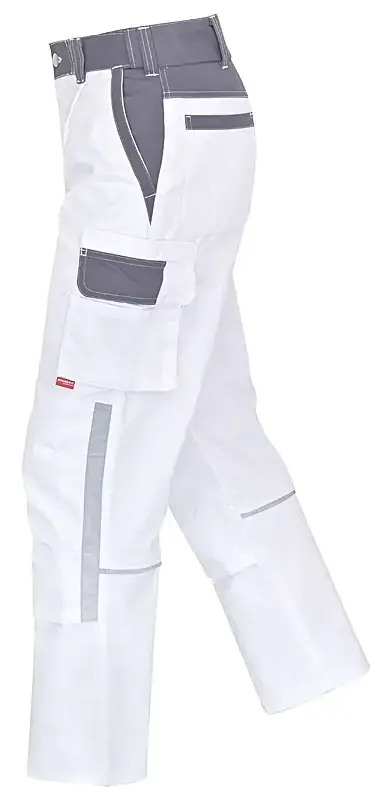 aus dem Fotostudio der PRO-ducto GmbH Professionelle Produktfotografie als Freisteller: Wei&szlig;e Arbeitshose mit grauen Akzenten und Taschen f&uuml;r mehr Sichtbarkeit und Umsatz durch Hollowman. Produktfotografie
